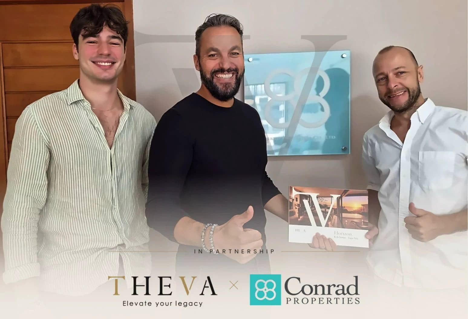 Mathias Valon of THEVA Construction with the Conrad Properties team, holding the THEVA Horizon brochure