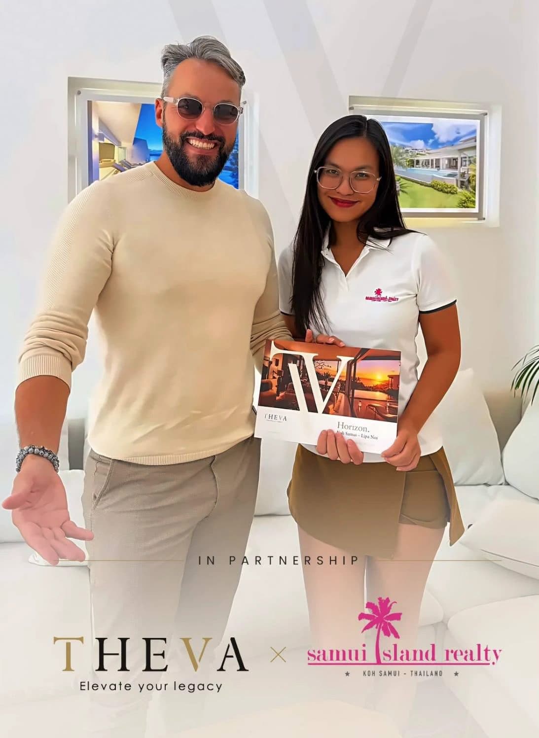 Mathias Valon with a Samui Island Realty representative holding the THEVA Horizon brochure
