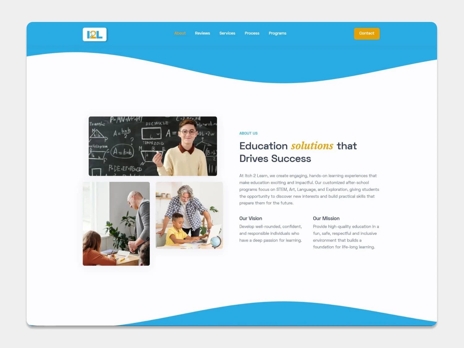 Itch 2 Learn about page with classroom photography beside the vision and mission statements