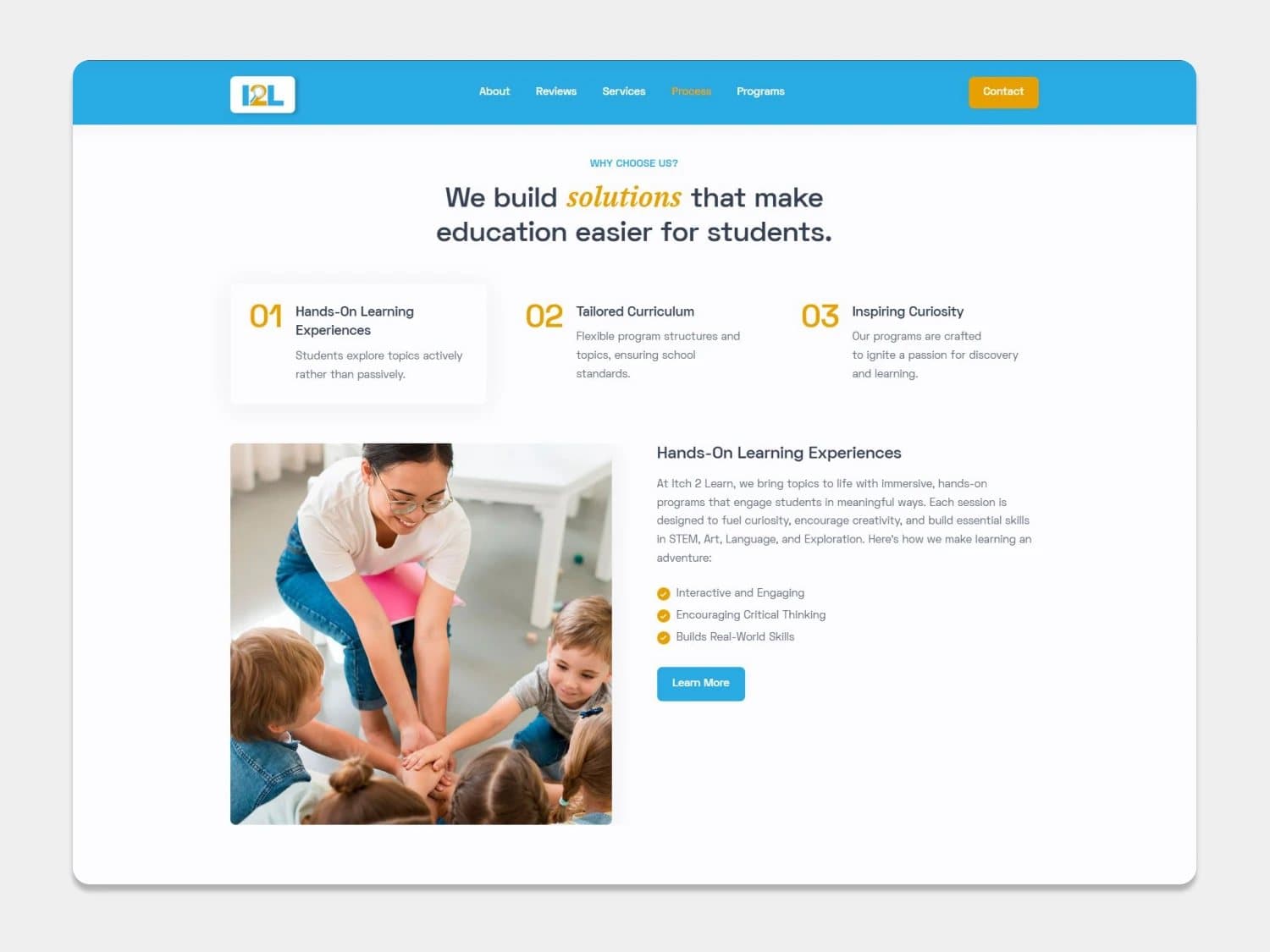 Itch 2 Learn process page listing hands-on learning, tailored curriculum and inspiring curiosity