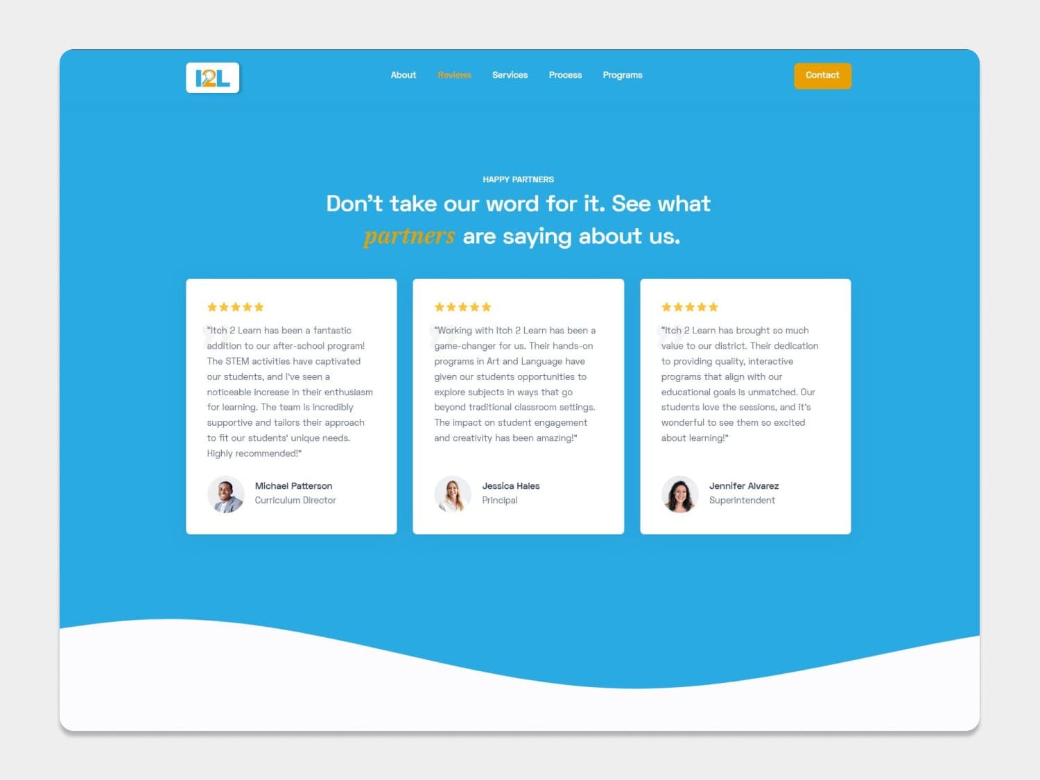 Itch 2 Learn reviews section with three testimonials from partner-school staff