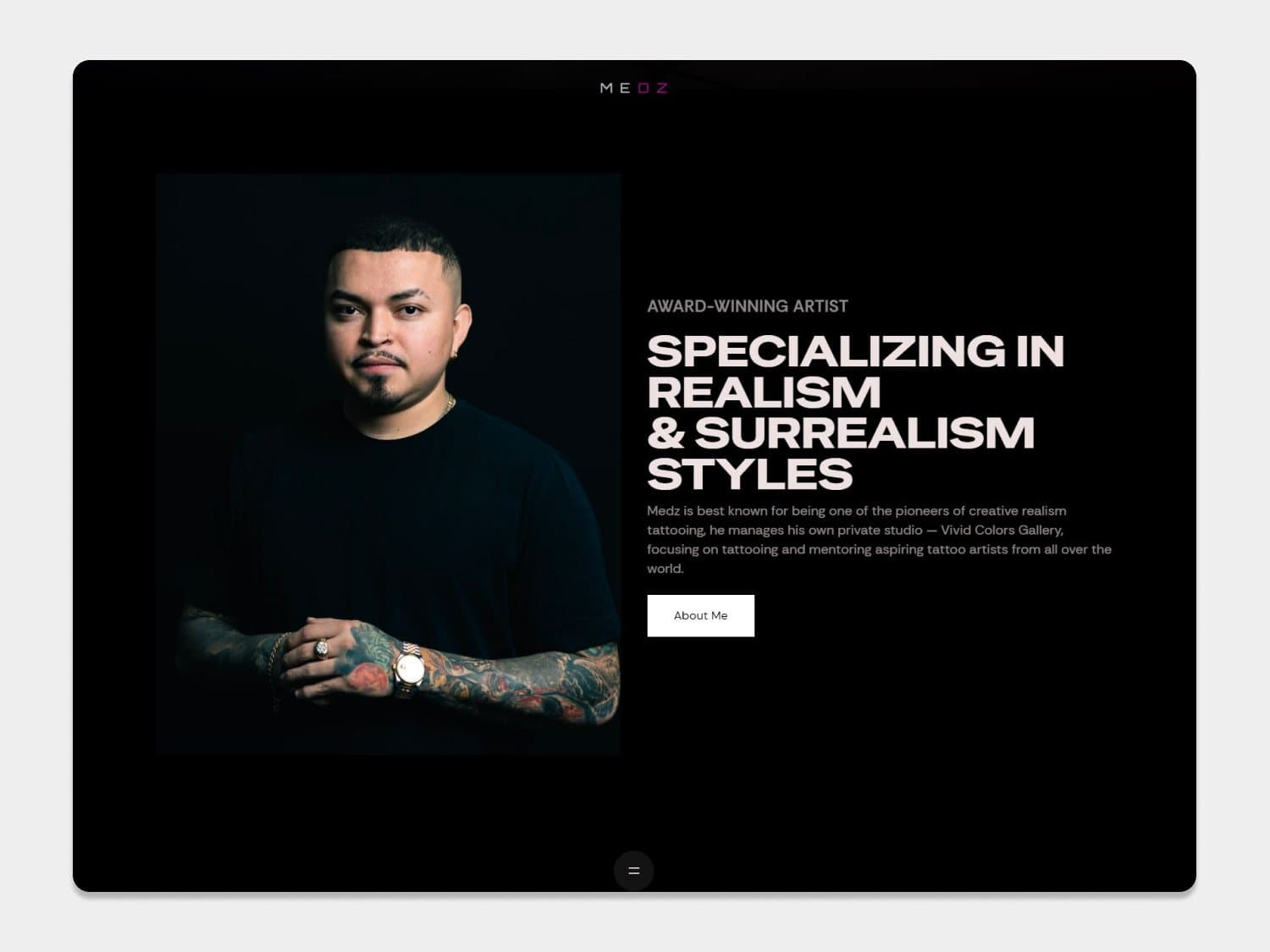 Medz Tattoo about section with a portrait of Medardo Diaz beside the headline Specializing in realism and surrealism styles