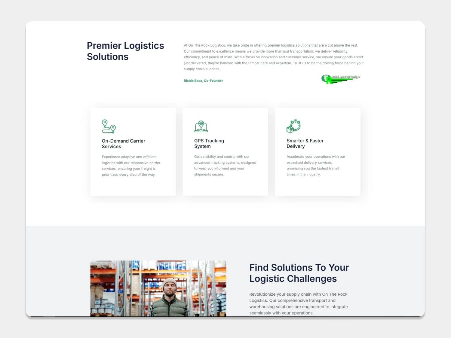On The Rock Logistics services section with cards for on-demand carrier services, GPS tracking and faster delivery